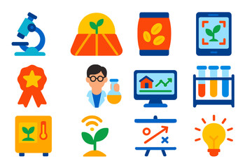 Fototapeta premium Agricultural Innovation Icons. Flat vector icons of agricultural research and innovation: lab microscope, test field plot, biotech