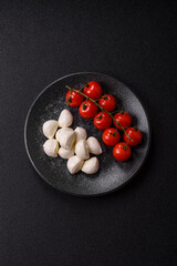 Mozzarella cheese balls, fresh white mini slices for Mediterranean food. Mozzarella cheese