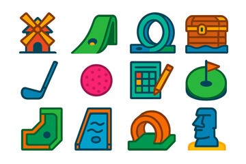Mini Golf Icons. Flat vector icons of mini golf: windmill hole, ramp shot, loop-de-loop, themed obstacle, mini putter, neon ball,