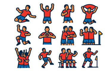 Soccer Celebration Icons. Flat vector icons of soccer celebrations: sliding knees, raised arms, fist pump, jumping cheer, heart