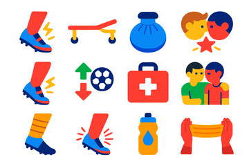 Fototapeta premium Soccer Injury Icons. Flat vector icons of soccer injuries and health: twisted ankle, stretcher icon, ice pack, head clash, muscle