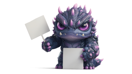 dark purple alien with armored scales, tiny pink eyes at the tips of stiff stalks, and a grumpy smile