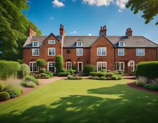 an outside view of a uk residential care facility a brick structure surrounded by green plants and a well kept grass a bright summer day in suburban homes generative ai