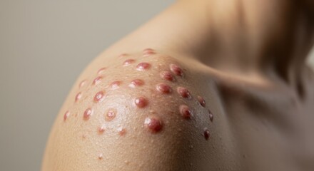 Close-Up of Painful, Inflamed Pustular Rash on a Persons Shoulder.