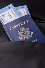 US passport, american visa for travel, document with tickets in travel bag. US passport