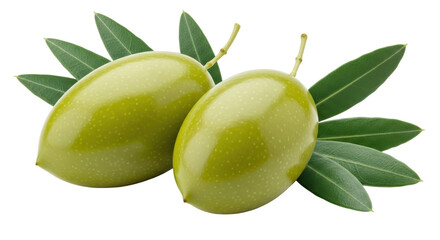 Isolated Two Green Olives with Leaves
