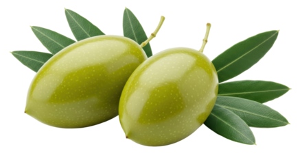 Isolated Two Green Olives with Leaves