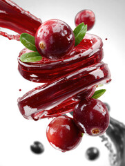 bright yellow spiral of juice in mid-air with cranberries