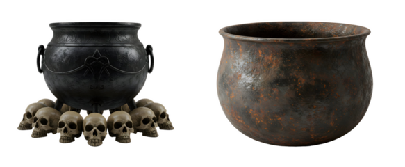 Ancient Iron Cauldrons – One Decorated with Human Skulls and One Rustic Weathered Pot, Isolated on White
