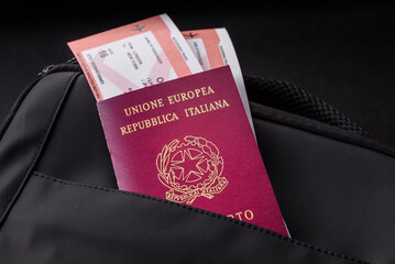 Italy passport, visa for travel, document with tickets in travel bag. Italian passport