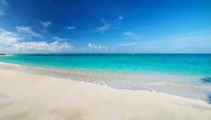 Fototapeta premium beachfront scenery displaying vivid turquoise ocean and clean white sands bathed in warm sunlight