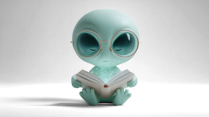 A mint-green alien wearing round glasses, deeply focused on reading a glowing book