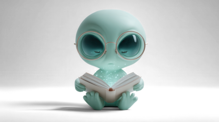 A mint-green alien wearing round glasses, deeply focused on reading a glowing book