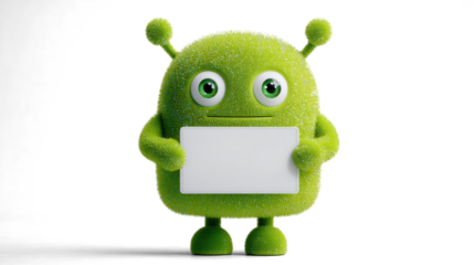 neon green alien with glittery skin, square pupils, and short legs