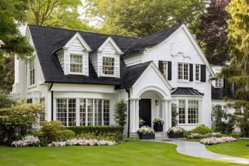 Obraz premium Beautiful white house with large windows and landscaped garden situated in a peaceful neighborhood surrounded by lush greenery during daytime