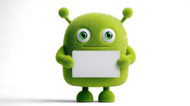 neon green alien with glittery skin, square pupils, and short legs