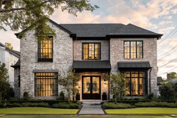 Obraz premium A contemporary brick home featuring expansive windows surrounded by lush landscaping, nestled on a serene street bathed in the warm glow of golden hour