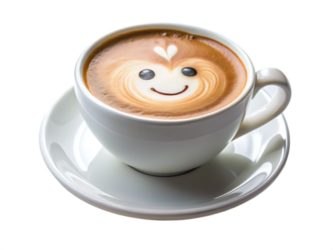 White ceramic coffee cup with latte art face isolated on a transparent background saucer - Powered by Adobe