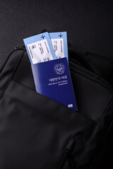 Passport South Korea, Travel Visa, Ticket Document in Travel Bag. Korean Passport