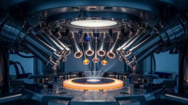 Atmospheric view of highvacuum diamond semiconductor CVD reactor with multiple gas inlets and precision substrate heating components.