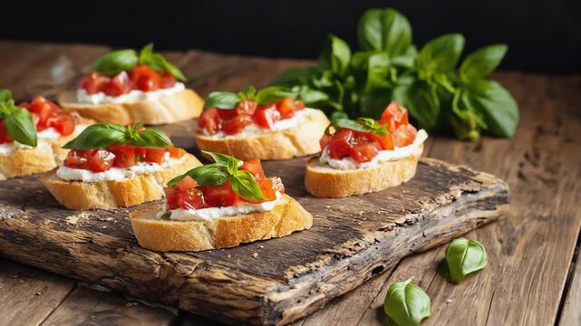Freshly prepared bruschetta topped with diced tomatoes and basil on a rustic wooden board