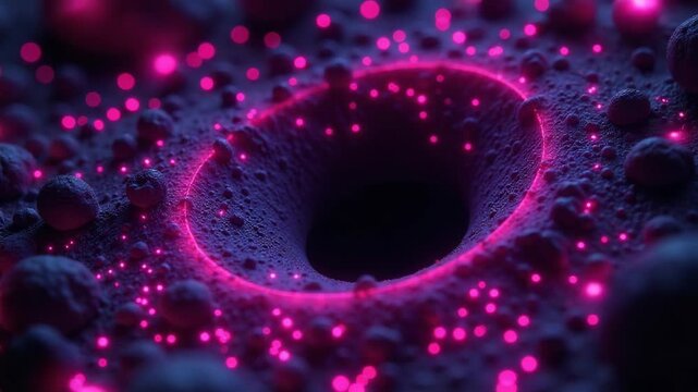 A mesmerizing depiction of a black hole with pink lights shining through its vortex, perfect for use in sci-fi themed illustrations or documentaries
