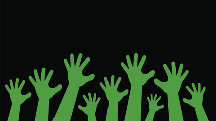 Enthusiastic crowd with raised green hands on a black background, symbolizing unity, support, and celebration.