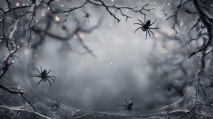 Halloween holiday black frame, spiders in cobwebs