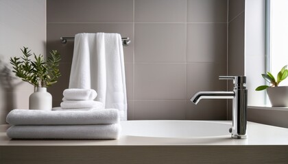 Fototapeta premium a minimalistic bathroom with a recessed bathtub neatly folded towels and a chrome soap dispenser on the counter