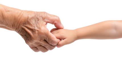 Transparent PNG of a child’s hand holding an elderly hand. Symbol of family, support, love, care, and generational connection.