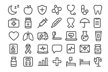 Minimalist linear icons featuring a medical cross, heart, and bones for health‑care designs, suitable for web, apps, banners, social media and cards