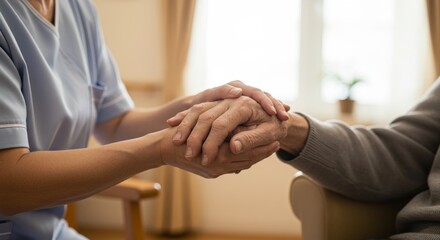 Empathy in a Gentle Touch - Caregivers Hands Reassuring an Elderly Person.
