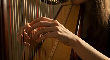 Close-up of a hand plucking a harp string, musical instrument, artistic and delicate moment, indoor setting.