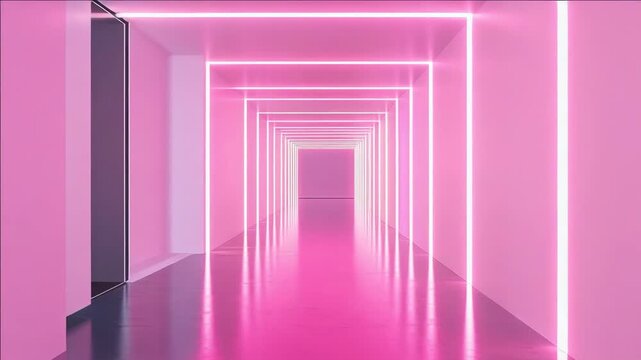 A long, narrow walkway in a modern building lit by vibrant pink neon lights. The unique design and colorful environment create an interesting visual.