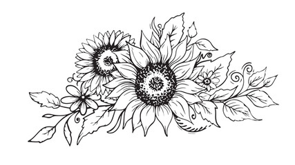 Decorative sunflower floral frame, hand drawn line art with detailed leaves and blossoms, elegant botanical border for invitations, greeting cards and wedding design
