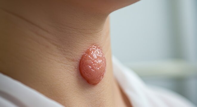 Prominent reddish bulla, a large fluid-filled blister or keloid scar on a persons neck.