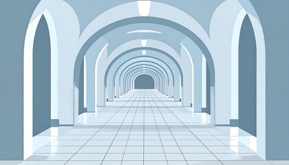 Obraz premium A perspective view of a long, arched hallway with light blue walls and a tiled floor, showcasing a sense of depth and spaciousness.