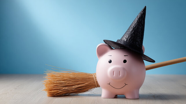 Halloween Piggy bank witch hat and a broom on a blue background