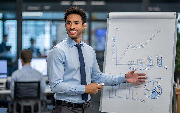 Man presenting data on a flip chart in an office setting with coworkers in the background smiling