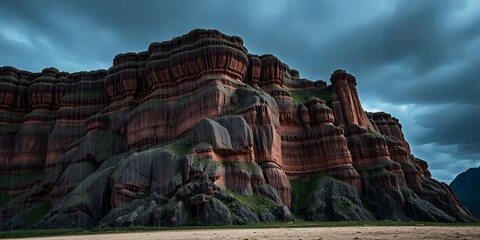 Majestic layered sandstone cliffs with green moss under a stormy rain filled sky