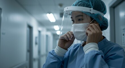 Resilient Medic in Face Shield and Scrubs in a Somber, Blue-Toned Hospital Hall.