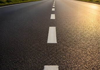 Fototapeta premium Asphalt Road Perspective White Lines, Sunlight, Journey, Travel, Highway, Roadmarkings, Direction, Transportation, Asphalt Texture.