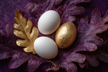 Two white eggs and one gold egg sit amongst purple autumn leaves