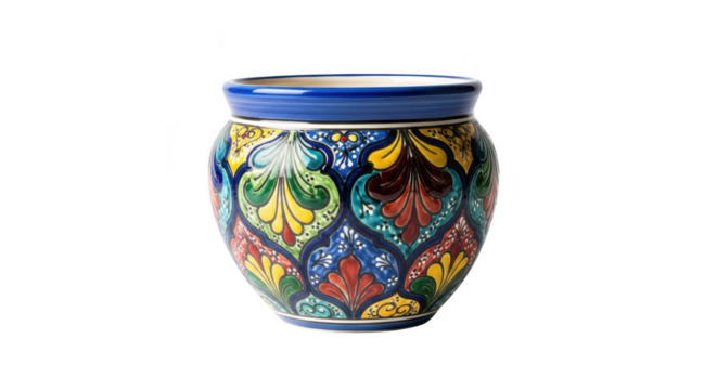 Ornate blue and yellow ceramic vase with intricate floral patterns