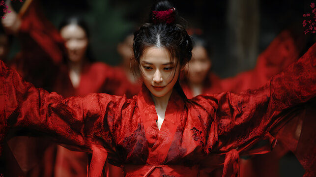 Korean woman in red hanbok dancing outdoors for Chuseok celebration, graceful traditional performance, ritual movement in forest, autumn cultural expression, spiritual festival portrait