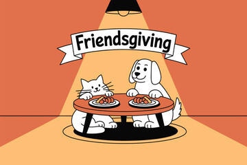 Friendsgiving illustration featuring a cat and dog at a table with plates of food under a light