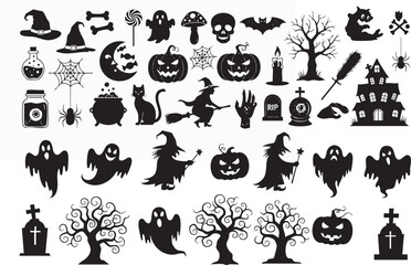 Halloween Silhouette Icon Pack – Spooky Black Graphics of Pumpkins, Ghosts, Bats, Witches, Haunted Houses, and More for Decor & Design