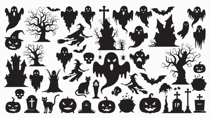 Halloween Silhouette Icon Pack – Spooky Black Graphics of Pumpkins, Ghosts, Bats, Witches, Haunted Houses, and More for Decor & Design