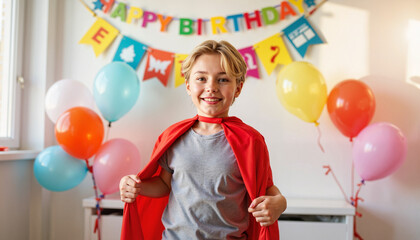 Young boy celebrating birthday in superhero costume, joyful atmosphere