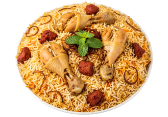 Delicious Chicken Biryani rice with chicken leg and masala garnish closeup transparent png background